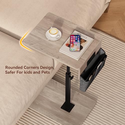Vagusicc Sofa Armrest Tray Table for Couch - 360° Swivel Height Adjustable Side Table for Small Spaces, Snack Side Table for Bed or Chair, C Shaped End Table Snack Table for Eating Dinner Laptop - color: Greige, style: With Plug+Storage Bag