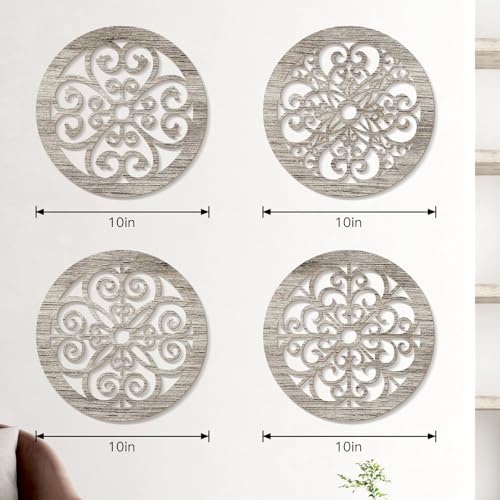 Zzbakress 4 Pieces Farmhouse Wall Decor Rustic Circle Wall Decor Wooden Hollow Carved Round Wall Art for Living Room Bedroom Kitchen Bathroom Home Wall Decoration (Delicate, Retro) - color: Delicate, Retro