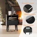 YAUKOMEL Fluted Nightstand with Charging Station, Modern Bedside Table with Drawer,Black Nightstand with Solid Wood Legs, End Table,Side Table for Living Room,Bedroom Black CTG57BKE - color: Black With Charging Station