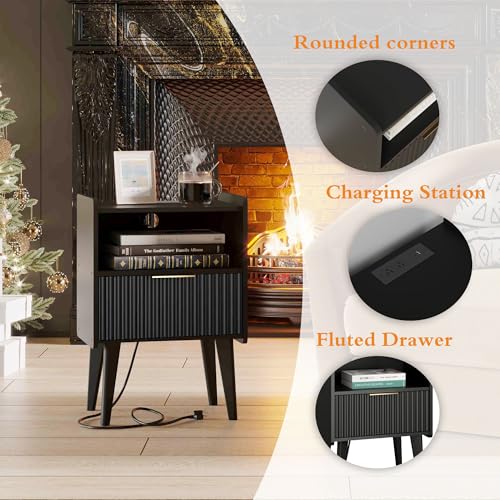 YAUKOMEL Fluted Nightstand with Charging Station, Modern Bedside Table with Drawer,Black Nightstand with Solid Wood Legs, End Table,Side Table for Living Room,Bedroom Black CTG57BKE - color: Black With Charging Station
