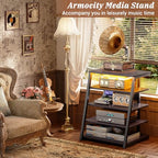 Armocity 5-Tier AV Media Stand with Power Strips, Media Console with LED Lights, Audio Tower Rack with Adjustable Shelves, Stereo Stands and Racks, 40.8'', Black Ebony - color: Black Ebony, size: 40" (H)
