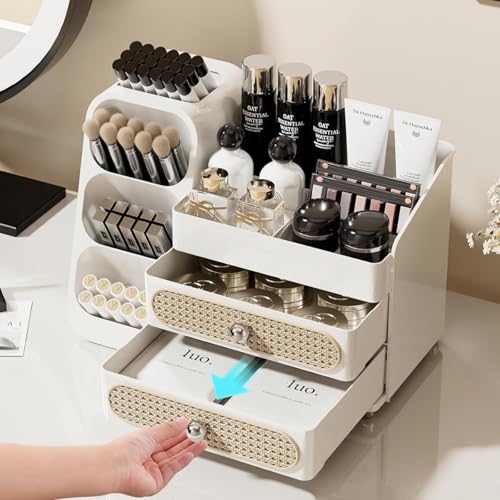 Booklov Makeup Organizer for Vanity, Large Capacity Cosmetic Display Case with Drawers, Countertop Beauty Storage Holder for Skincare, Brush Eyeliner Perfume Eyeshadow Lipsticks, Counter Desk, White - color: White, size: L01