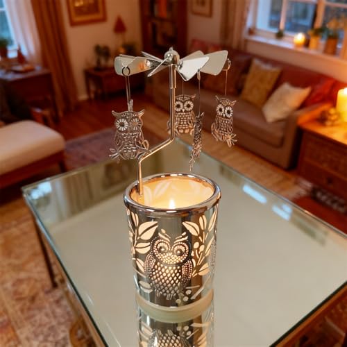 Carousel totary Candle Holder Spinning irthday Gifts for Women, Mom, Wife, Girlfriend, Sister, Her, Metal Windmill Tea Light for Female Friends (Silver owl) - color: Silver Owl