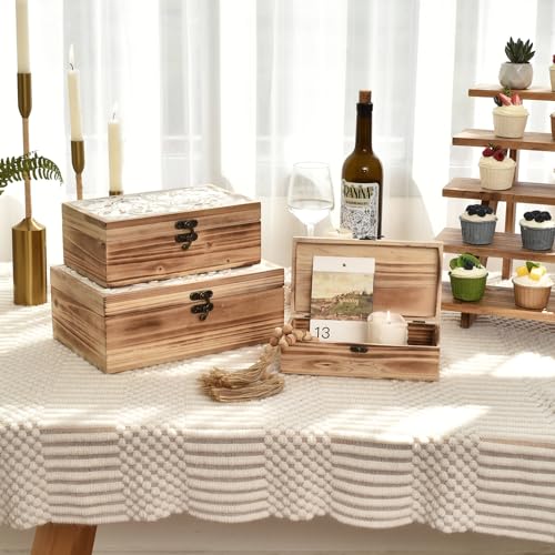 DECOR4SEASON Wooden Box Set of 3 - Rustic Farmhouse Decorative Boxes with Hinged Lid and Carved Design - color: White&Brown, size: S&M&L