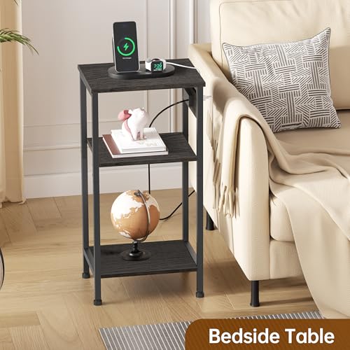 Asgolion Tall End Table with Charging Station, 3 Tier Narrow Beside Table with Adjustable Shelf, Tall Gray Side Table Nightstand for Bedroom, Living Room Coffe Table, Office, Charcoal Grey - color: Charcoal Grey, style: With Outlet