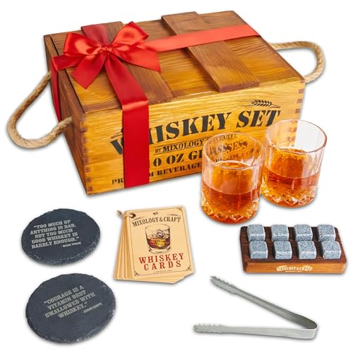 Mixology & Craft Premium Whiskey Set | Two 10oz Cystal Old-Fashioned Glasses, 8 Granite Chilling Stones, Metal Tongs, Recipe Cards in Rustic Wooden Crate Gift Set | Jameson Whiskey - size: Light Crate