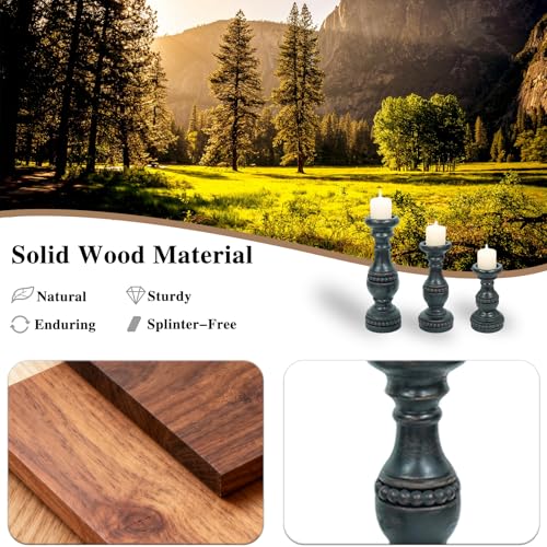 Solid Wood Candle Holder, Farmhouse Candle Holder for Pillar Candle Set of 3, Rustic Wooden Candle Stand, Vintage Small Wooden Candlestick Holders Decorative for Living Room, Table Centerpiece - color: Charcoal Black