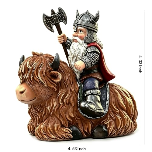 Viking Warrior Gnome Riding Highland Cow Statue, Hand-Painted Resin Sculpture Figurine for Yard Garden Patio Lawn Ornaments, Unique Home Decor Housewarming Gift