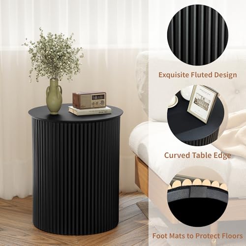 AVZEAR Small Round Side Table Fluted Night Stand Set of 2, 17.7" Mid Century Modern End Table, Circle Bedside Tables Wood Nightstands for Small Spaces, Living Room, Bedroom(Black) - color: Black, size: 17.7"D x 17.7"W x 21.6"H