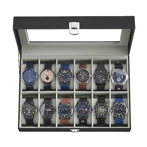 SONGMICS Watch Box, 12-Slot Watch Case Organizer with Large Glass Lid, Removable Pillows, Gift for Loved Ones, Black Synthetic Leather, Gray Lining UJWB12BK - color: Black + Gray, size: 12 Slot