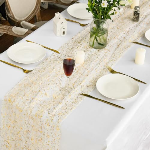 Artoid Mode Beige Gold Gauze Table Runner 120 Inch 10FT, Glitter Metallic Foil Sheer Dining Wedding Anniversary Holiday Birthday Table Decor for Home Party - color: Beige Gold, size: 28" x 120"