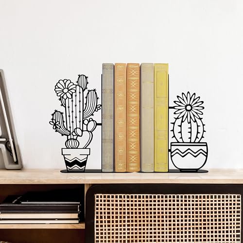 Metal Cactus Planter Book Ends, Dual Wave Pot Design Unique Cute Bookends with Rust Proof Coating, Home Office Decor & Gift for Book Lovers - color: Black