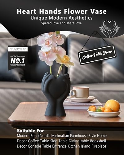 8" Heart Hand Black Ceramic Vase - Unique Modern Aesthetic Flowers Vase for Living Room Bedroom Office Kitchen Table Centerpiece or Shelf Decor-Gifts for Wedding Bridal Shower Women Mom (Black) - color: Black