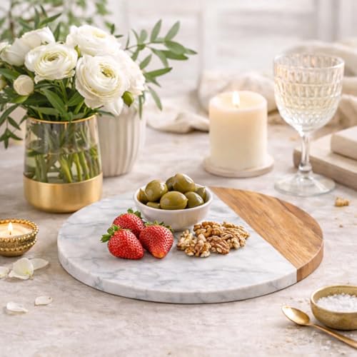 White Marble Board - Cheese Board | Acacia Wooden Serving Tray For Charcuterie, Cheese, Meats, Fruit, Crackers | Cutting Board, Serving Tray, Round Slab 10 Inches. - color: White, size: 10"L x 10"W