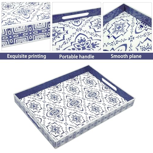 Serving Tray with Handles, 15.7 * 11.8 inches, Plastic Ottoman Tray with Exquisite Paintings, Trays for Coffee Table - color: Blue White