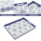 Serving Tray with Handles, 15.7 * 11.8 inches, Plastic Ottoman Tray with Exquisite Paintings, Trays for Coffee Table - color: Blue White
