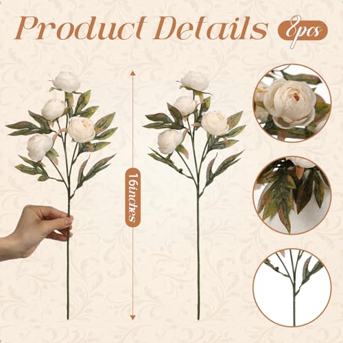 Thiccywoov 8 Pcs Beige Faux Peony Stems Flowers Bulk Vintage Artificial Silk Peonies Stems Real Look Fake Peonies Branches for Vase Filler DIY Bouquet Centerpieces Home Indoor Outdoor Decorations - color: Champagne