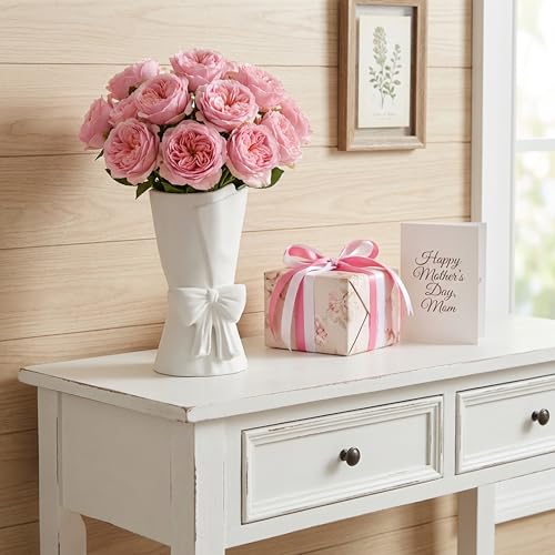 Relexome White Ceramic Bow Vase Unique Cute Decorative Bouquet Flower Vases 9.64 in Mother's Day Spring Decor Vase - color: Matte White