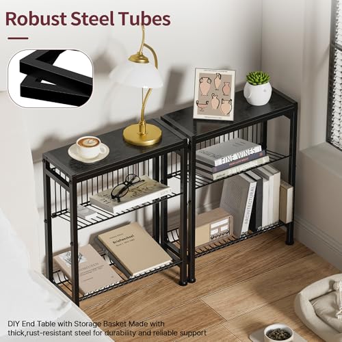 Narrow Side Table for Small Space, 3-Tier End Table with Magazine Holder, Slim Nightstand with Wire Shelf, Skinny Bedside Table in Living Room, Bedroom, Study, Kitchen and Balcony (Black) - color: Upgrade-black