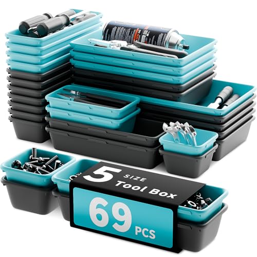 [5 Sizes] [69 PCS] Tool Drawer Organizer, Tool Box Desk Drawer Tray, Rolling Tool Chest, Toolbox Organizer (Black+ Sky Blue) - color: Black+ Sky Blue