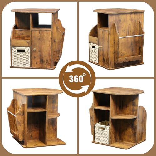 TooCust Rotating End Table with Storage, Swivel Side Table Living Room, Side Table with Magazine Holder, Basket and Cabinet, Sofa Side Farmhouse End Tables with Open Shelf (Rustic Brown)