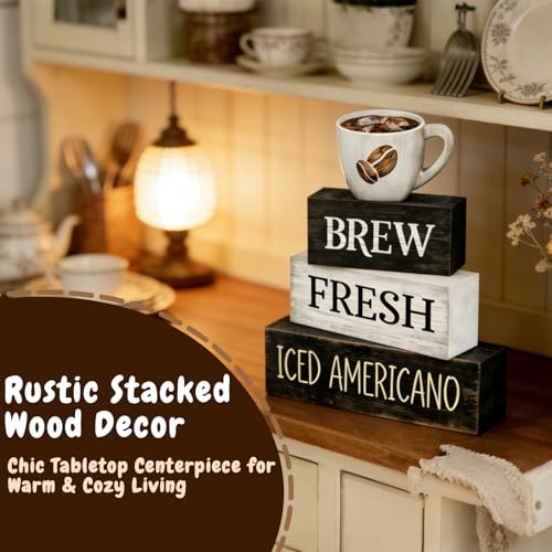 4 Pcs Coffee Bar Decor Wooden Blocks Rustic Farmhouse Sign For Coffee Table Decorations And Shelf Accessories Gift - style: Coffee
