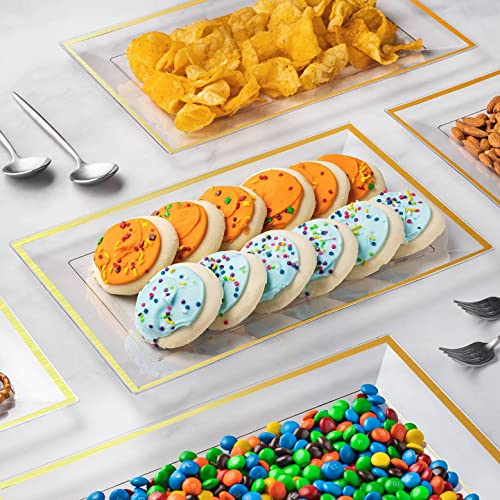 Elegant Plastic Serving Tray & Platter Set (6pk) - Clear & Gold Rim Disposable Serving Trays & Platters for Food - Weddings, Upscale Parties, Dessert Table, Cupcake display - 8x13 inches - color: Clear + Gold