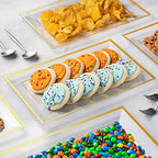 Elegant Plastic Serving Tray & Platter Set (6pk) - Clear & Gold Rim Disposable Serving Trays & Platters for Food - Weddings, Upscale Parties, Dessert Table, Cupcake display - 8x13 inches - color: Clear + Gold