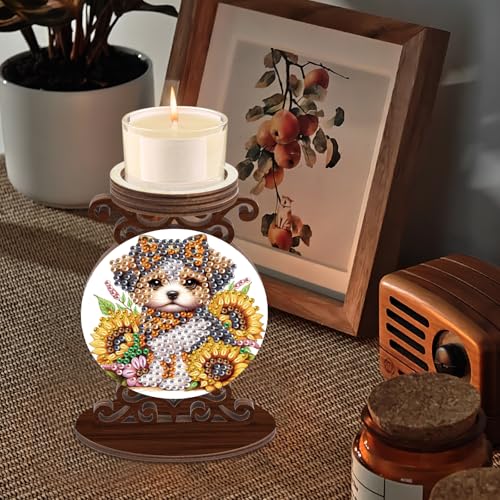 Diamond Art Painting Candlestick Holder kits, Sunflower Puppy DIY shaped crystal Diamond art painting, woodiness Candle holder for AromaRelax & Home Decor, Christmas Halloween Ornaments (Double-Sided) - color: Sunflower Puppy