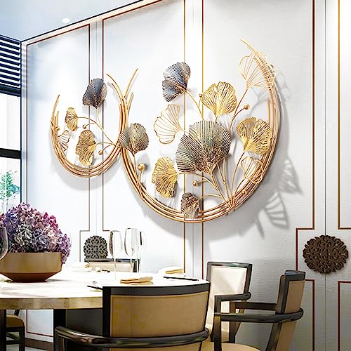 CDDUOLA 3D Room Wall Decor, Handmade Art Metal Round Golden Ginkgo Leaf Decorative Wall Sculpture for Home Living Room And Bedroom, 2 Pack