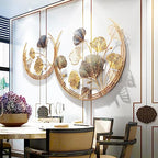 CDDUOLA 3D Room Wall Decor, Handmade Art Metal Round Golden Ginkgo Leaf Decorative Wall Sculpture for Home Living Room And Bedroom, 2 Pack
