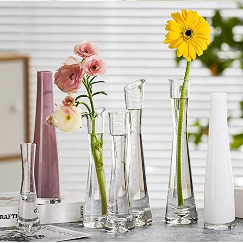 Hand-Made Blown Art Bud Glass Vase Clear Small Glass Vase Glass Flower Vase Heavy Base Single Stem Flower Drop Vase for Flower and Office Bud Home Wedding Decor (Oblique Mouth)