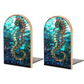 2 PCS Wood Book Ends,Seahorse Stained Glass Art Bookends for Shelves Non Skid Book Ends for Office Home Kitchen, Bookends for Holiding Books 5x3 Inch