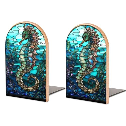 2 PCS Wood Book Ends,Seahorse Stained Glass Art Bookends for Shelves Non Skid Book Ends for Office Home Kitchen, Bookends for Holiding Books 5x3 Inch