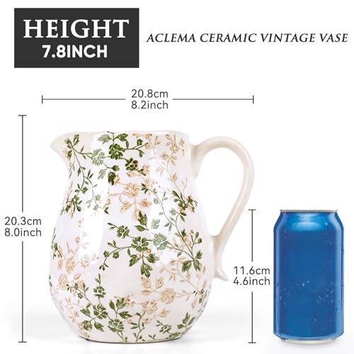 Ceramic Vintage Flower Vase with Handle, Green and Beige Rustic Farmhouse Pitcher Vase for Home Decor, Living Room, Bookshelf, Table Centerpiece 8 Inch