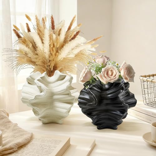 Ceramic Vase, Set of 2 White & Black Vases for Home Decoration, Flower Vase Minimalist Nordic Boho Style for Modern Farmhouse Decor, Living Room; Kitchen; Bedroom; Dining Table etc - color: 2 Large Ceramic Vases
