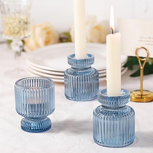 DARJEN 6 Pcs Blue Glass Candlestick Holders with Vertical Stripes - Irregular Shaped, Dual-Use for Taper Candles & Votive/Tea Lights, Candle Holders for Dining Table, Wedding, Party, Home, Gifts - color: Blue, size: 6Pcs