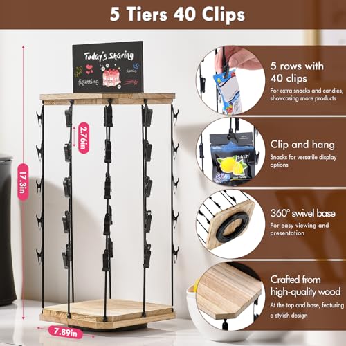 Pinzoveco Chip Rack Display Stand, 5 Tiers 40 Clips Snack Organizer for Office Desk, 360° Rotating Wooden Base Chip Holder Candy Display for Concession Stand, Countertop, Party, With Message Board - color: Rustic Brown