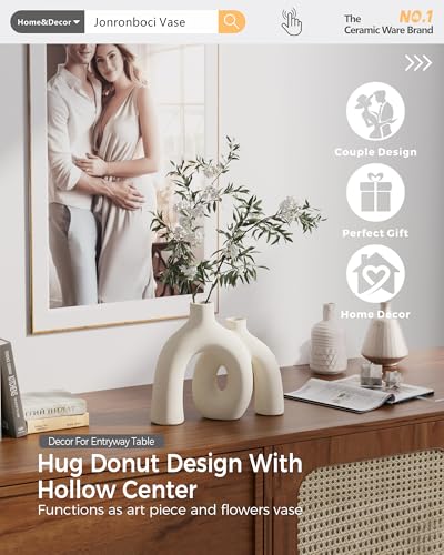 Hug Donut Decorative Vase Set - Modern Nordic Boho Style Vases Home Decor, Matte Ceramic Decorations for Living Room Shelf, Bookshelf Mantle Entryway Table or Console Décor (Cream White) - color: Cream White