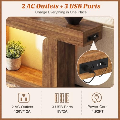 Homieasy Console Table, 63" Entryway Table with LED Lights & Charging Station, Farmhouse Wooden Sofa Table Behind Couch, Narrow Hallway Table for Living Room, Foyer, Entry, Rustic Oak - color: Rustic Oak, size: 63"