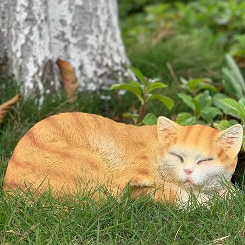Garden Decor Cat Statue Outdoor, Figurines & Sculpture Decoration, Sleeping Cat Decor for Patio, Porch and Lawn, Gifts for Mom, Memorial Stone - color: Sleeping Cat（orange）