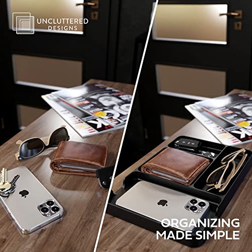 Pocket Deck Valet Tray (Black) for Men. Everyday Carry EDC Caddy Bamboo Organizer. Perfect for Night Stand, Bedside, Dresser, Desk, Office, Bedroom. with Phone Charger. Storage Slots for Wallet, Keys