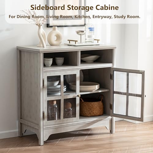 Buffet Cabinet with Storage, Solid Wood Sideboard Cabinet, TV Stands, Coffee Bar Station, Modern Farmhouse Console Table for Dining Room, Kitchen, Living Room, Entryway, Gray - color: Grey
