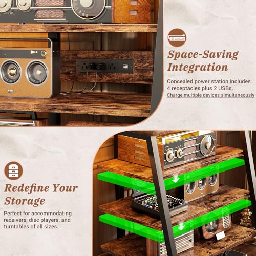 Armocity 5-Tier AV Media Stand with Power Strips, Media Console with LED Lights, Audio Tower Rack with Adjustable Shelves, Stereo Stands and Racks, 40.8'', Rustic Brown - color: Rustic Brown, size: 40" (H)