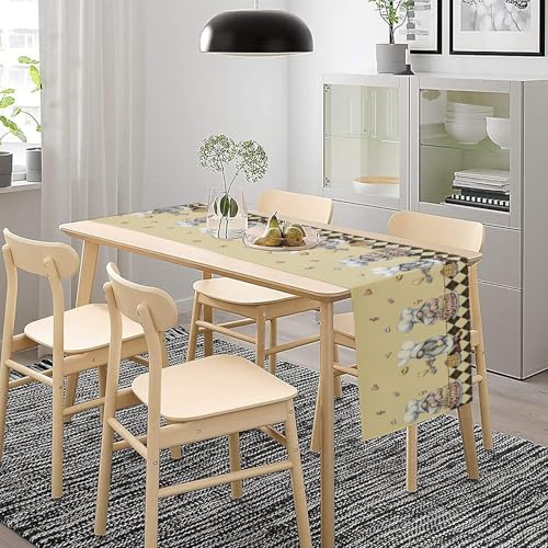 Cartoon Dwarf Chefs Table Runner Delicious Dessert Privacy Retro Lattice Beige Brown Table Runners Kitchen Dining Table for Home Party Decor 13x36in - color: Beige, size: 13x36in