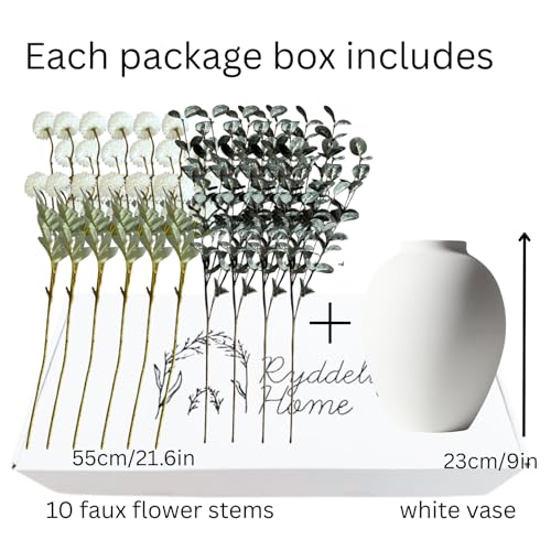 White Artificial Flowers & Greenery With Vase, Faux Floral Arrangement Centerpiece for Dining Table, Realistic Silk Flowers With Modern Vase for Kitchen, Living Room, Bedroom, Entryway & Bathroom - size: white/Green in vase