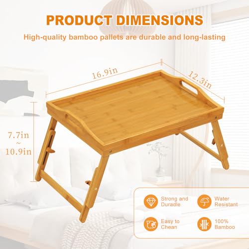 Bed Tray Table Set of 2, Bamboo Breakfast Trays with Folding Legs and Handles, Snack and Eating Lap Table, Natural Wood Color Serving Tray for Kitchen, Sofa or Bed Use - style: 2 pack(Adjustable feet)