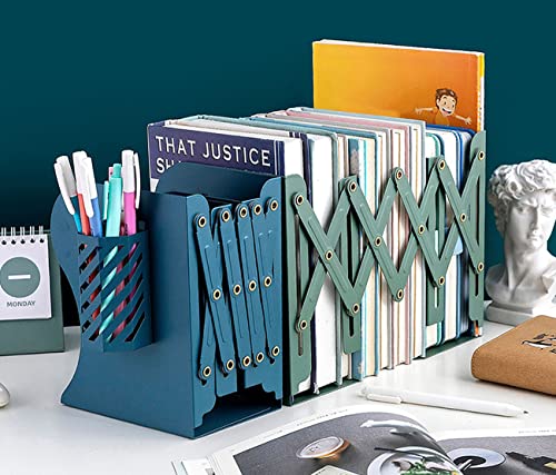 Kingsmile Book Ends, Adjustable Bookends for Shelves, Metal Bookends for Heavy Books, Book Stopper Organzier with Pen Holder for Desk, Kids Room, Office, Classroom, Library, Study Room.(Green) - color: Green