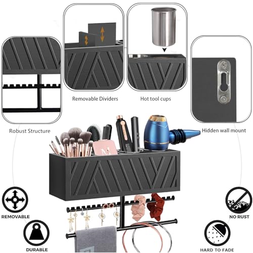 Rustic Hair Dryer Holder Wall Mounted,Hair Styling Tools & Accessories Organizer,Bathroom Supplies & hot Tools vanities Organizer Caddy,for Storage Flat Iron,Blow Dryer,Curling Iron,Towel - color: Black.A