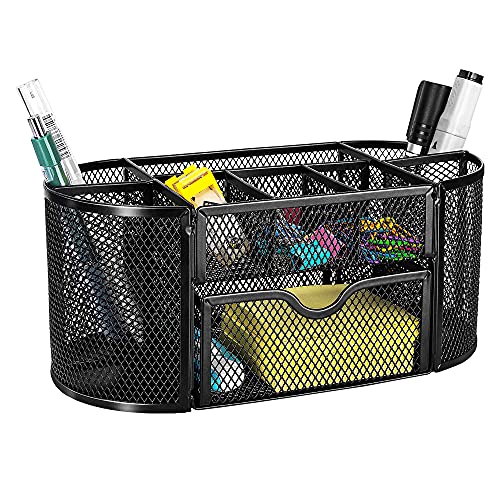 Amazon Basics Mesh Desk Organizer with Pen Holder, Pullout Drawer and Office Caddy Storage, 9.25" x 4.53" x 3.94", Black - style: Desk Organizer